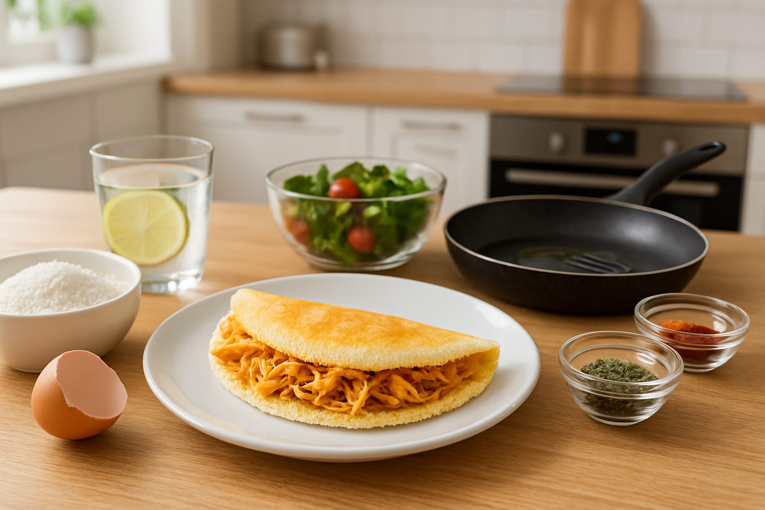 Uma cozinha moderna e bem iluminada, com uma mesa de madeira clara onde está uma tigela com goma de tapioca e um ovo quebrado ao lado. Um prato com crepioca dourada, recheada com peito de frango desfiado, está em destaque, cercado por pequenos potes de temperos como orégano e páprica. Ao fundo, uma frigideira antiaderente com um pouco de azeite e uma espátula, enquanto uma salada fresca com folhas verdes e tomates coloridos está à disposição em um recipiente de vidro. Um copo de água com limão está ao lado, completando a cena saudável.