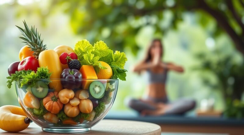 Tigela de frutas e verduras e uma pessoa meditando ao fundo