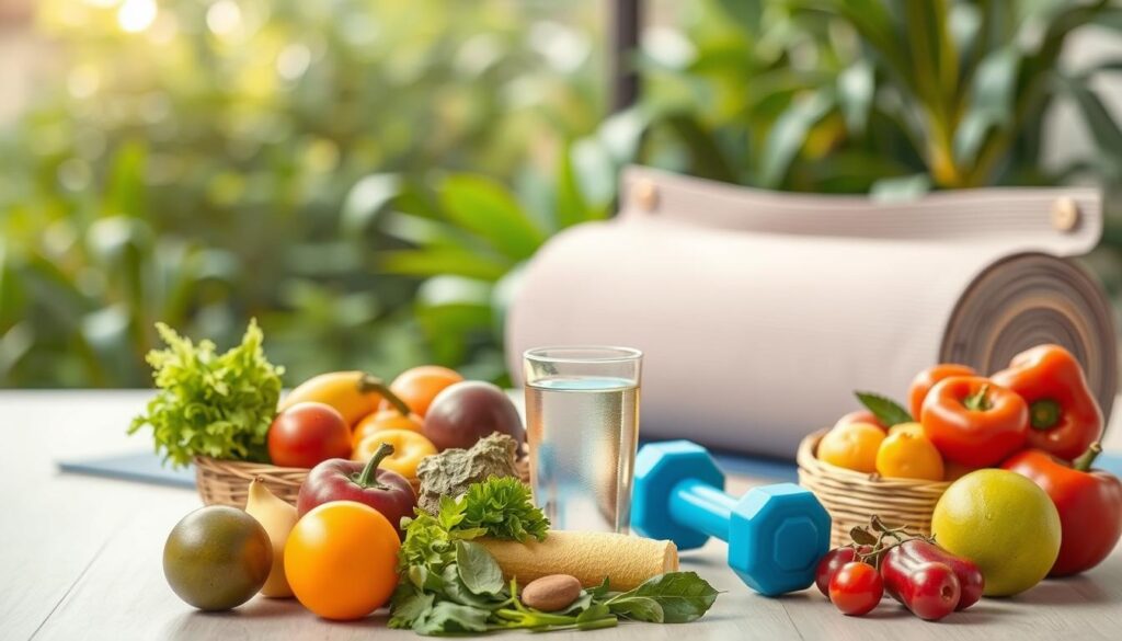 Frutas, verduras, copo de água, halter e tapete de exercício sobre uma mesa